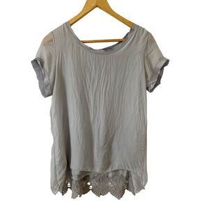 Giusy Made in Italy Grey Raw Silk Lace Hem Short‎ Sleeve Blouse